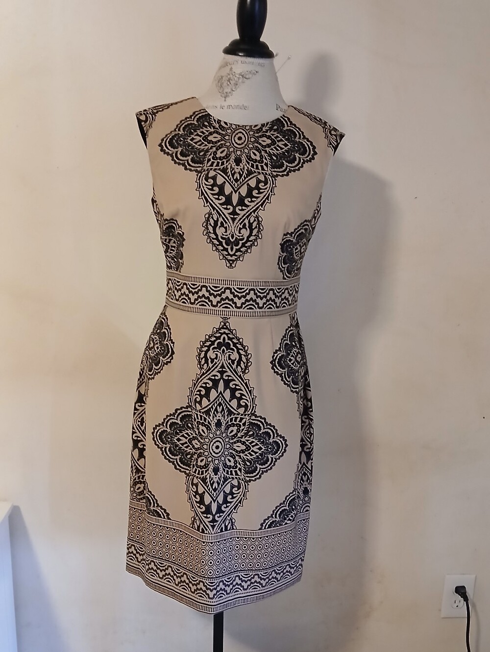 London Times Beige Dress with Black Medallion Print